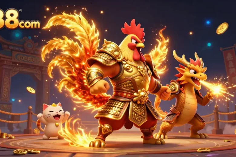 Experience gaming thrills with hi88com - dynamic rooster and dragon characters in a vibrant casino scene.