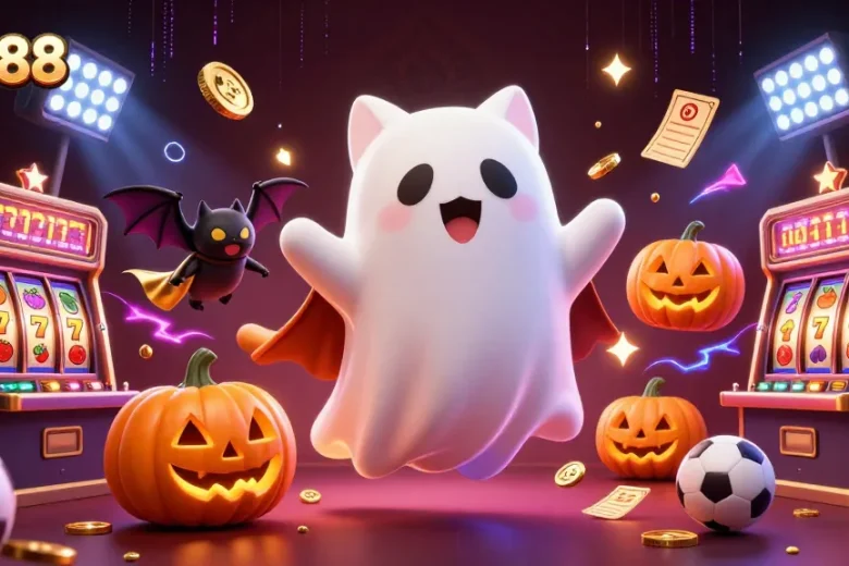 Join five88 for a thrilling haunted casino adventure with a ghost cat, vampire bat, and glowing jack-o-lanterns.