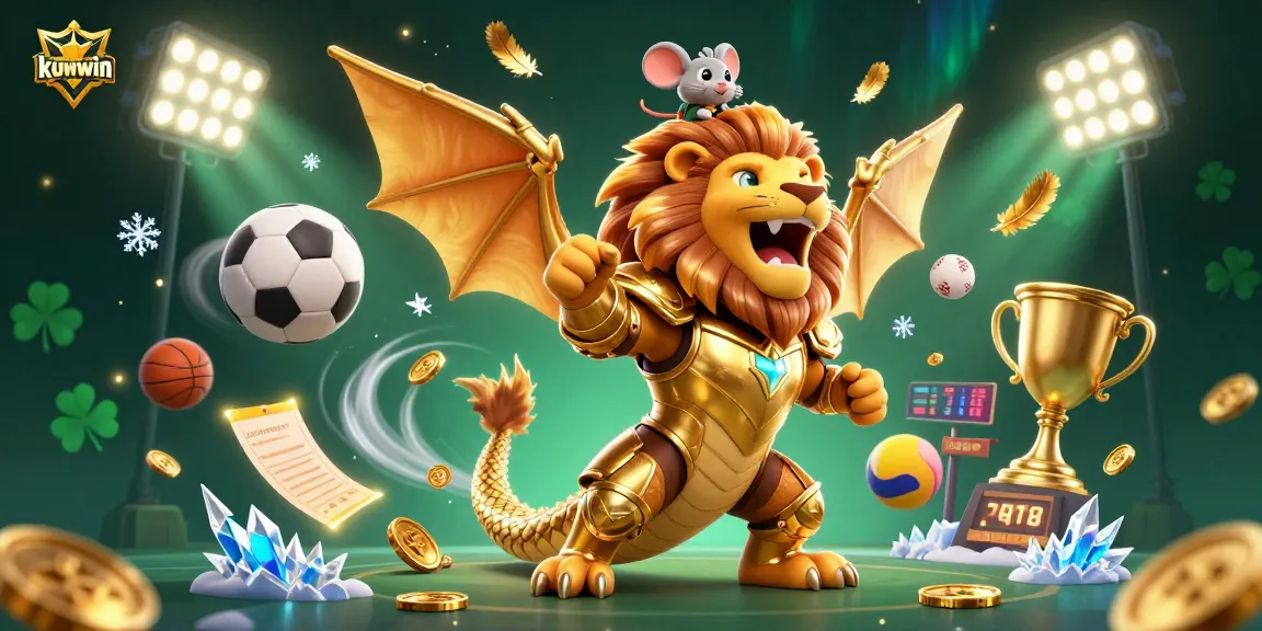 Experience thrilling gameplay in kuwwin with a vibrant display of winning sports elements and a powerful chimera hero.