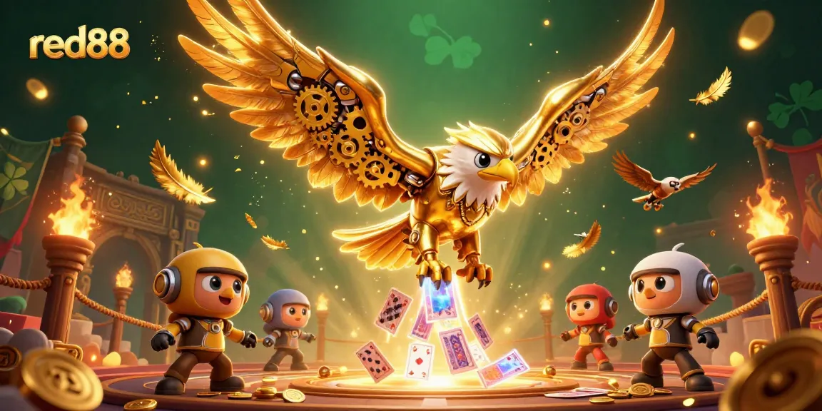 Experience the excitement of red88 casino with a dynamic scene of a cybernetic eagle amidst gaming elements.