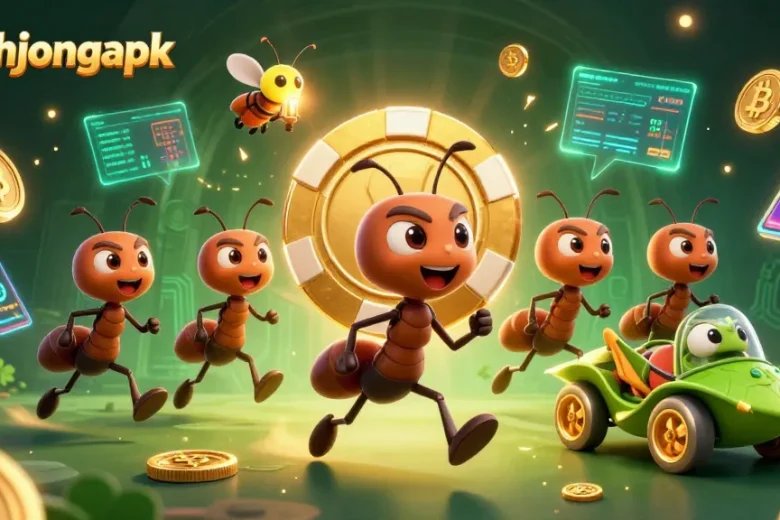 Experience the excitement of mahjongapk with a thrilling heist scene featuring oversized poker chips and dynamic characters.