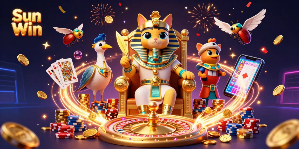 Engage with Sun Win's vibrant casino scene featuring golden coins, roulette, and dynamic characters.