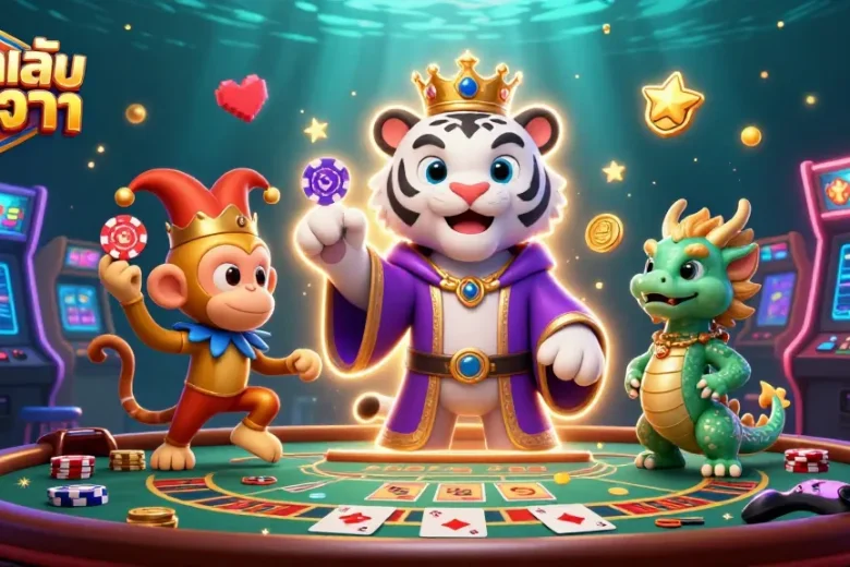 Experience ทดสอบเล่นบาคาร่า with a lively scene featuring a tiger, monkey, and dragon in a casino.