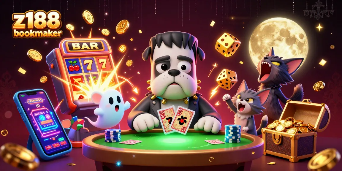 Experience thrilling gaming moments with the z188 bookmaker as spooky characters deal cards at a casino table.