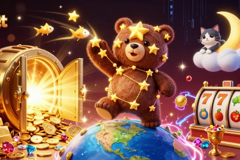 dabet slots illustration showcasing a constellation bear interacting with dynamic game elements.