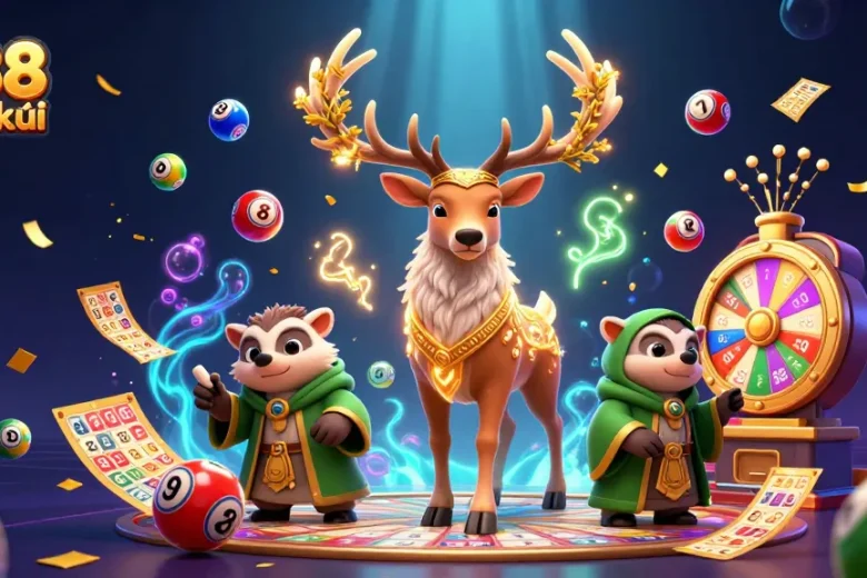Engage in gambling with hi88 đăng ký, a vibrant scene filled with lottery elements and magical characters.