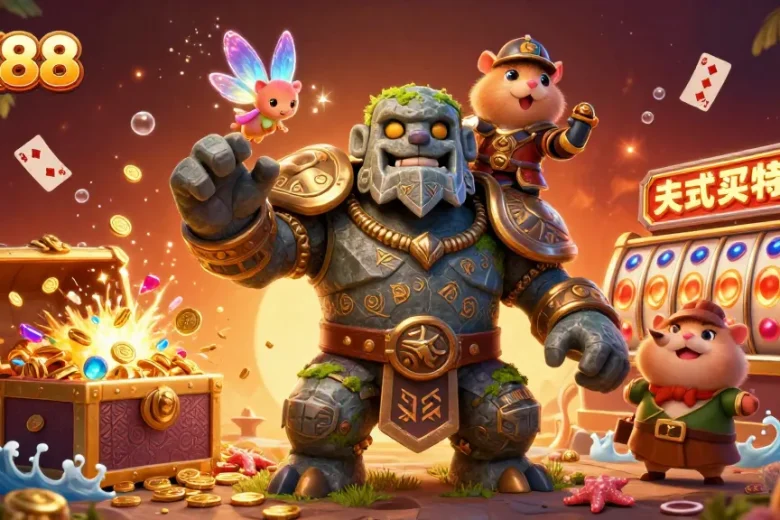 Experience thrilling gameplay at NK88 with a vibrant scene of a guardian golem, fairy, and hamster knight amidst dynamic casino action.