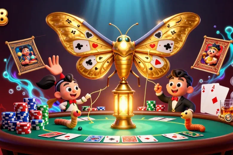 Experience dynamic gaming at lx88 with a vibrant 3D casino scene featuring poker elements and a stunning atlas moth.