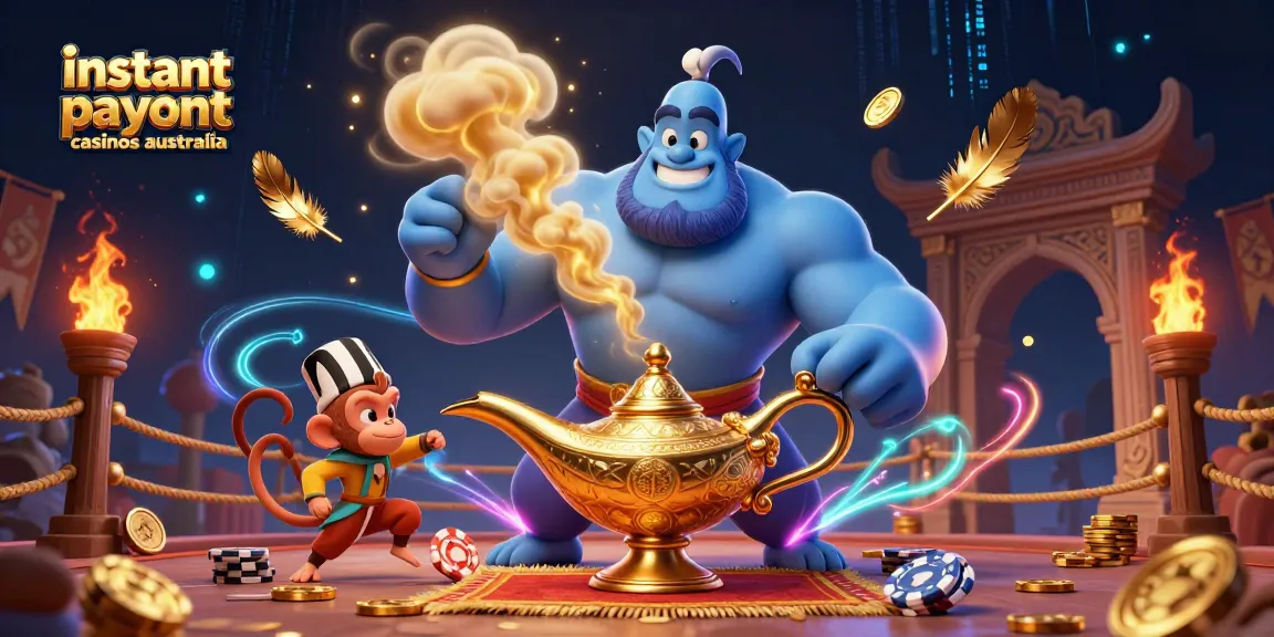 Experience instant payout casinos Australia with a vibrant genie scene filled with casino elements.