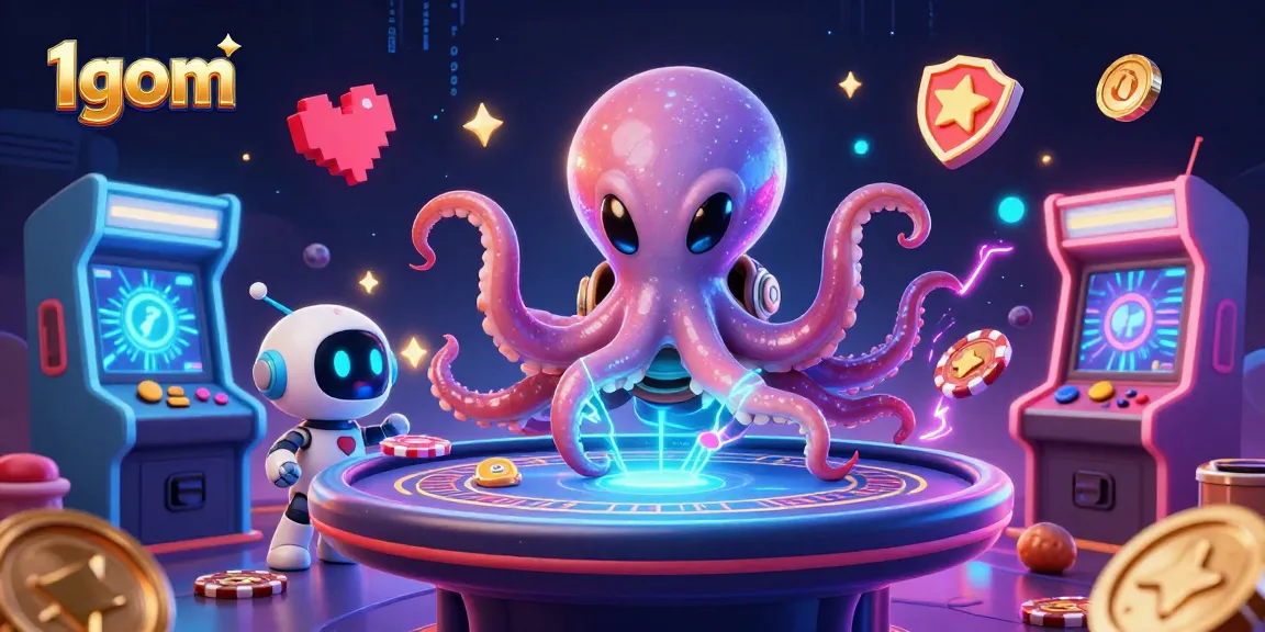1gom showcases an alien octopus at a holographic poker table with vibrant, dynamic game elements surrounding it.