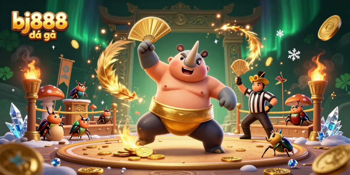 Engage in exciting bj888 đá gà action with a dynamic sumo champion beetle, golden coins flying everywhere!