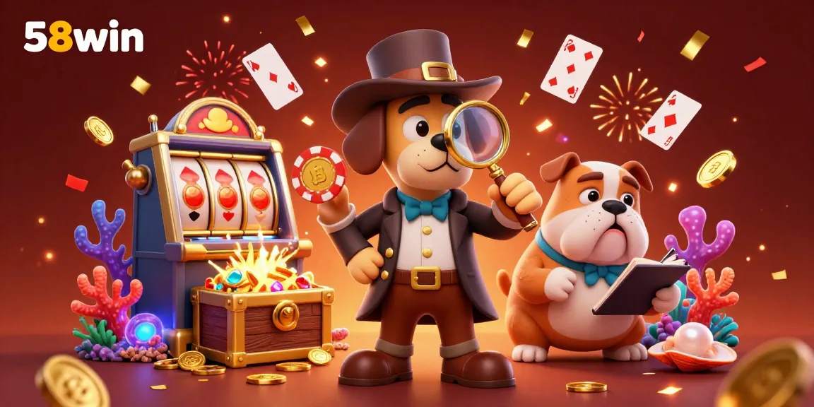 Engage with 58win's thrilling casino adventure, featuring a detective team unveiling poker treasures amidst vibrant gaming elements.