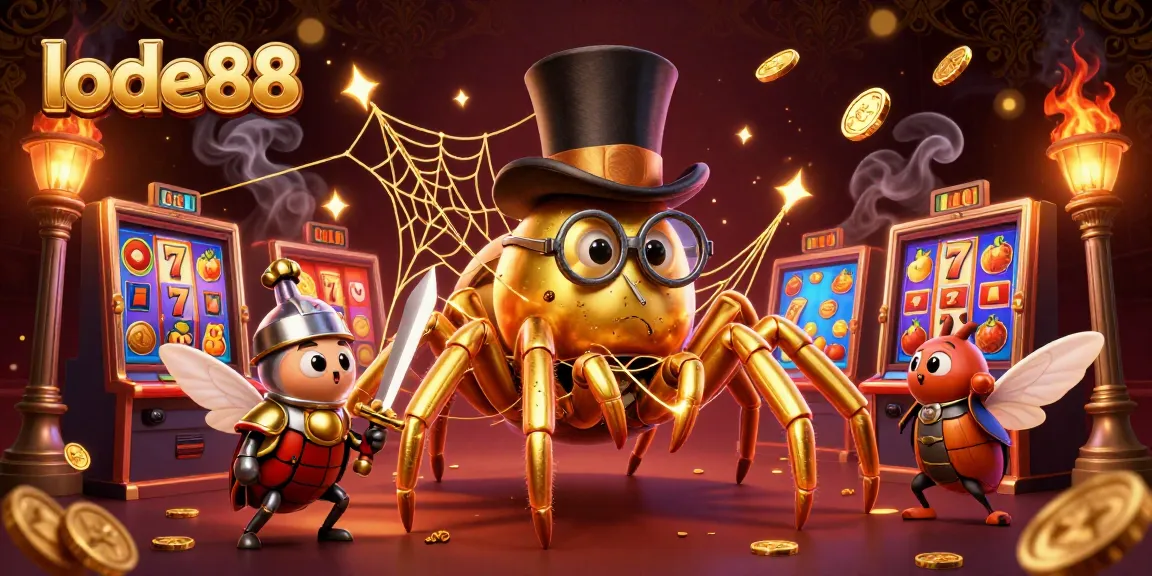 Join the lode88 adventure with a golden tarantula and knight amidst vibrant casino symbols.