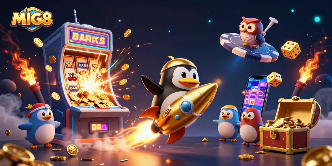 MIG8 offers thrilling casino adventures as a golden penguin rockets through a cosmic jackpot.