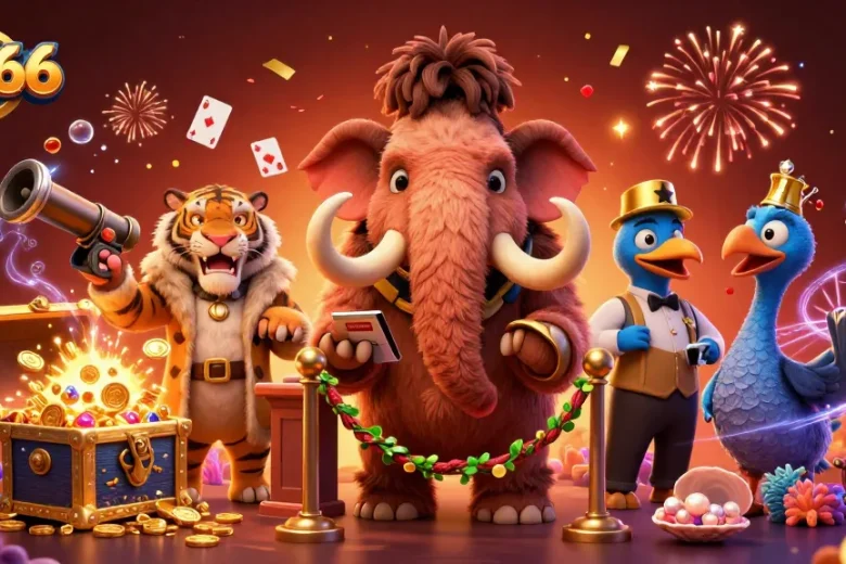 Experience thrilling moments at MB66's vibrant casino scene with a woolly mammoth bouncer and saber-tooth VIP.