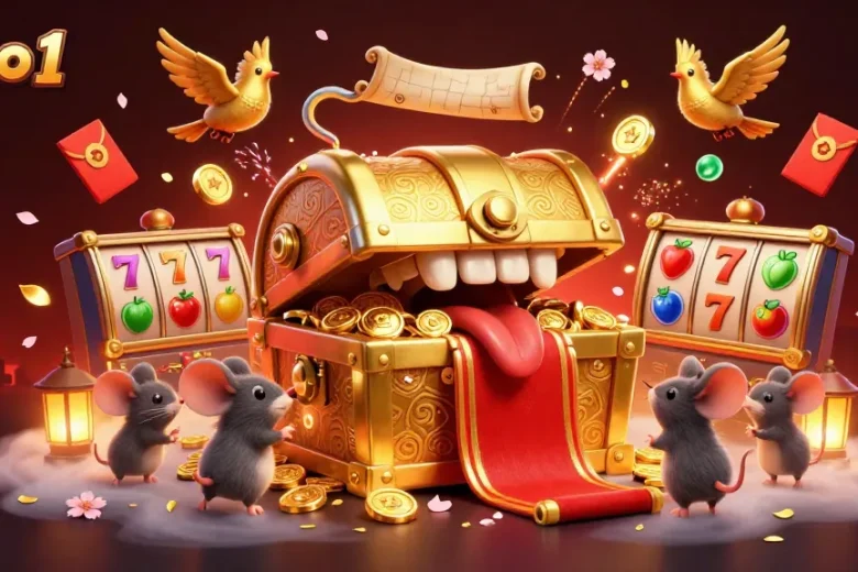 Experience the excitement of spbo 1 with a thrilling 3D cartoon illustration featuring a treasure chest and slot machine elements.