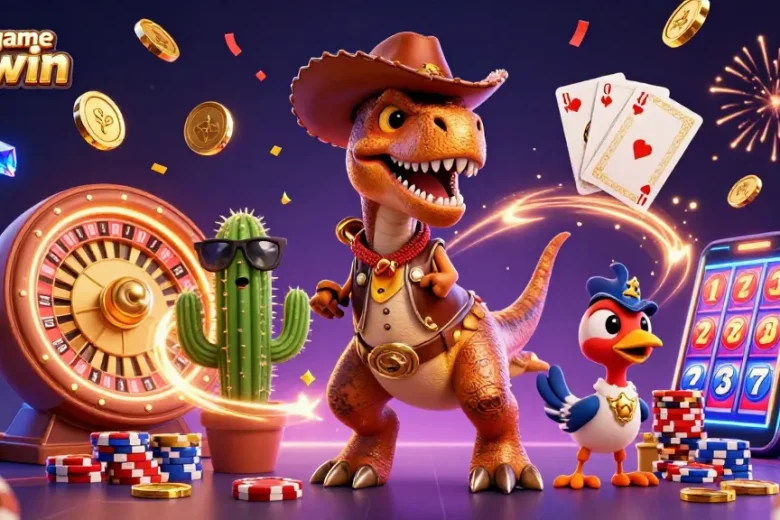 Experience the excitement of cổng game haywin with vibrant T-Rex characters and cascading casino elements.