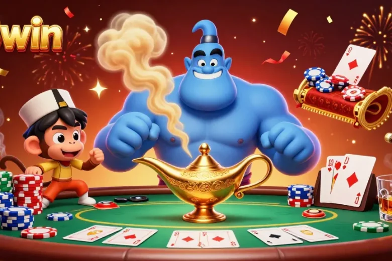 Experience excitement at 23win with a genie and poker chips in this vibrant casino scene.