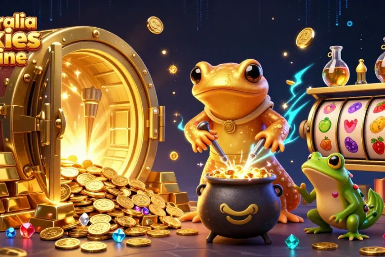 Spin the reels with the dynamic illustration of australia pokies online showcasing a gold-filled adventure.
