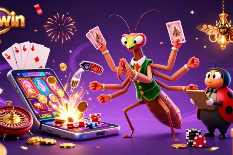 Experience vipwin's vibrant gaming scene with a cartoon praying mantis and ladybug in a lively casino setting.