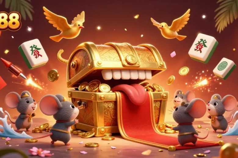 Experience the thrill of RR88 with a golden treasure chest and adventure elements in a vibrant casino scene.