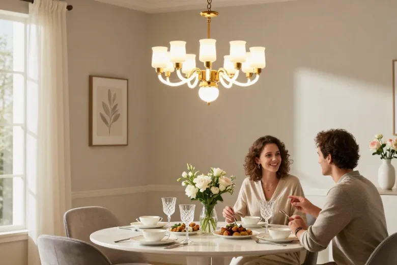 Iluminare elegantă cu candelabre led în dining, masă frumos aranjată și atmosferă caldă.