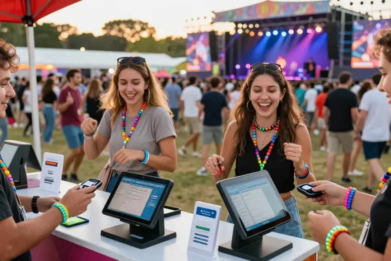 Festival attendees using pulseras con chip para eventos for seamless access and cashless payments at vibrant outdoor event.