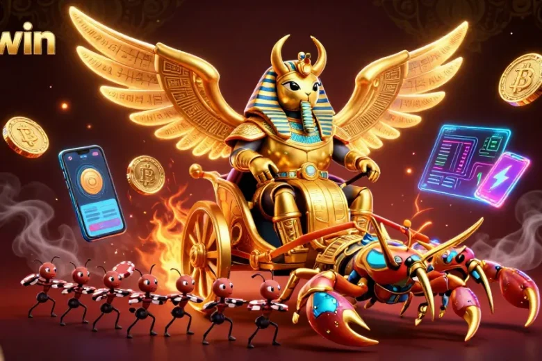 33win captures exciting casino action with a golden scarab beetle in pharaoh armor amidst crypto elements.