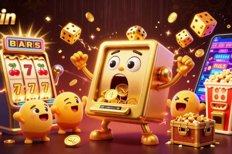 11win slot machine hits jackpot as baby machines cheer, casino elements burst around them.