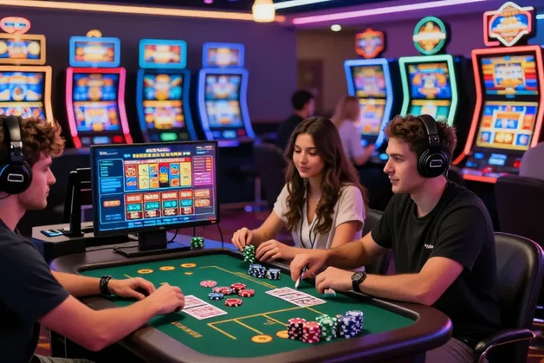 Engaged players at casinos not on Gamstop enjoying vibrant online gaming experiences with slots and live dealer games.