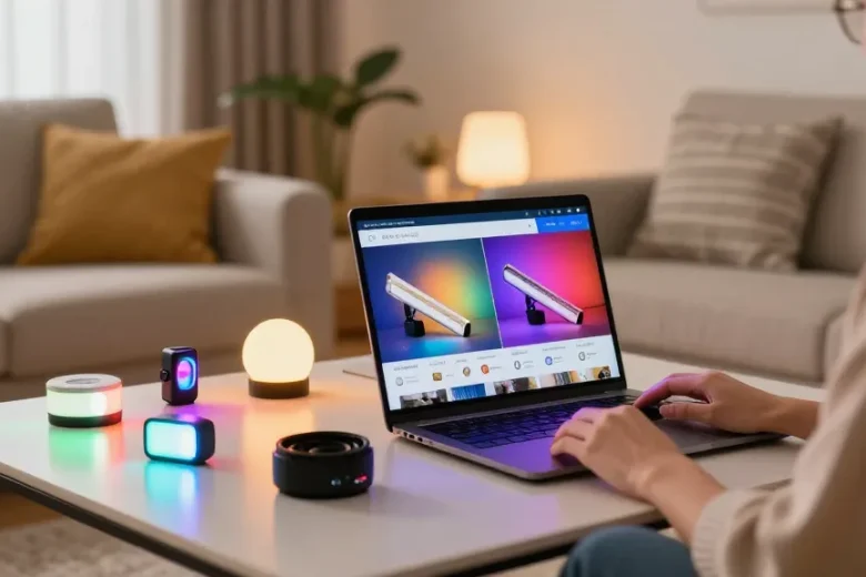 Benzi LED premium expuse pe laptop într-un ambient modern și confortabil