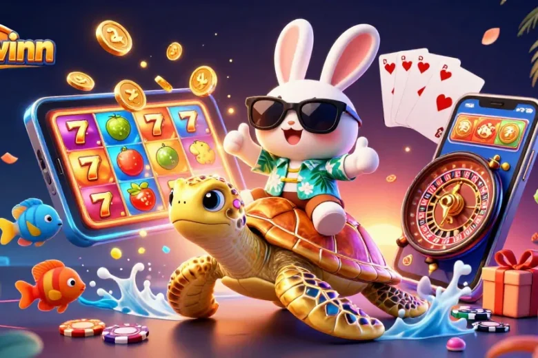 33winn showcases an exciting casino scene with a lucky rabbit and golden turtle surrounded by dynamic gaming elements.