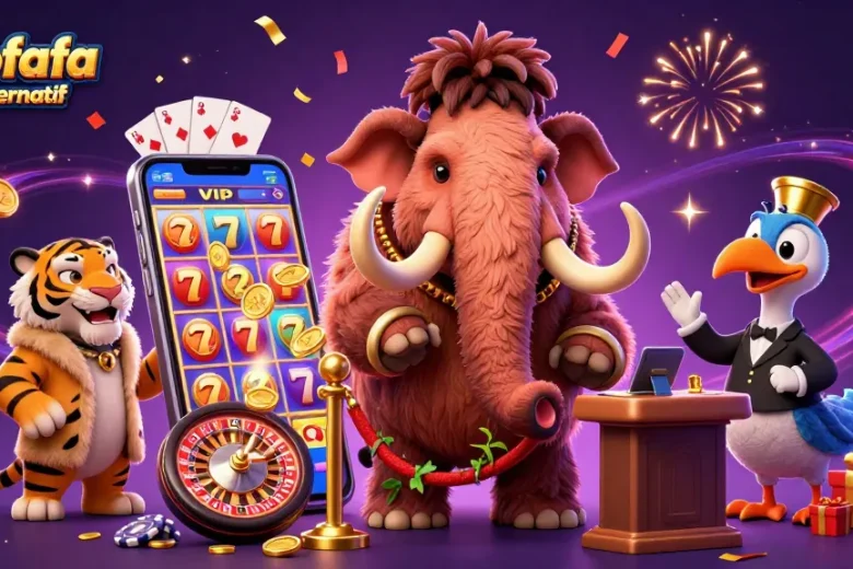 Engage with the action at mpofafa link alternatif, as a woolly mammoth bouncer checks IDs in a vibrant casino.