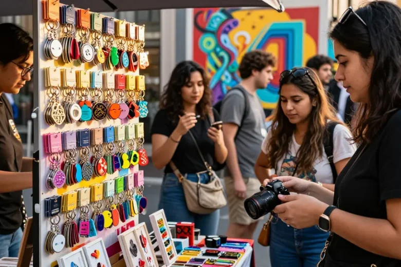 Explore custom keychains at a lively urban market with diverse designs and vibrant atmosphere.